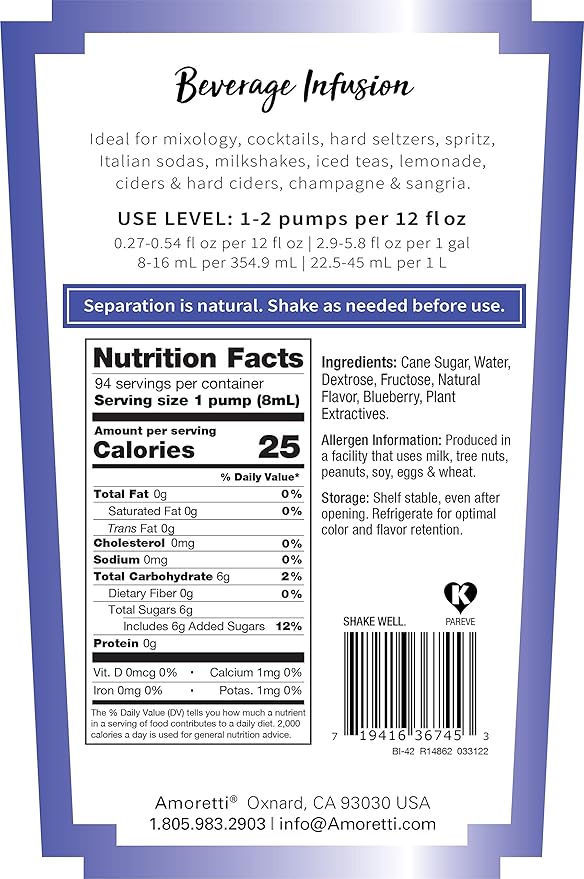 Amoretti - Blueberry Beverage Infusion - Drink Mix &amp Water Enhancer with Pump for Flavoring Cocktails Waters Teas and other Beverages Preservative Free