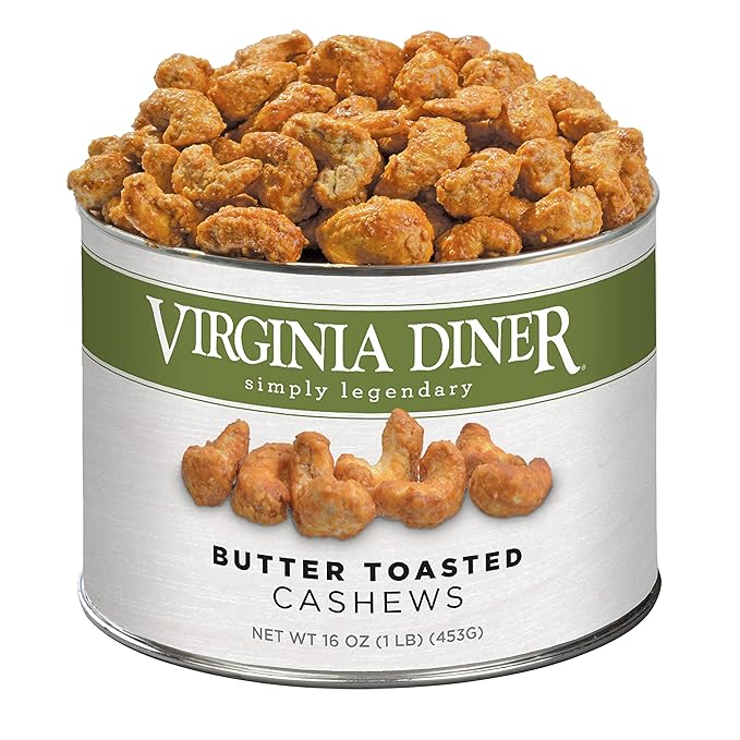 Virginia Diner - Gourmet Natural Butter Toasted Cashews 16 Ounce Tin of Sweet Buttery Glazed Jumbo Cashews in a Resealable Can
