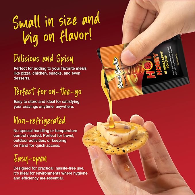 Sweet Gordito Spicy Hot Honey 9g Sachet box of 500u – Pure Natural Honey Infused with Chili | Single-Serve Hot Honey Packet | Perfect for Pizza Wings BBQ Cheese Tacos &amp Snacks | No Additives
