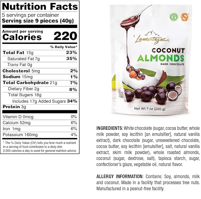 Lamontagne Dark Chocolate Coconut Almonds Case of 3 bags - Gluten-free Peanut-free and Palm Oil-Free Snack