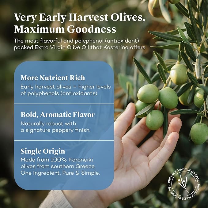 Kosterina Original Extra Virgin Olive Oil | Polyphenol Rich Greek Olive Oil Cold-Pressed EVOO Early Harvest Koroneiki Olives | High Antioxidant Natural Superfood | Harvested in Greece (16.9 oz)