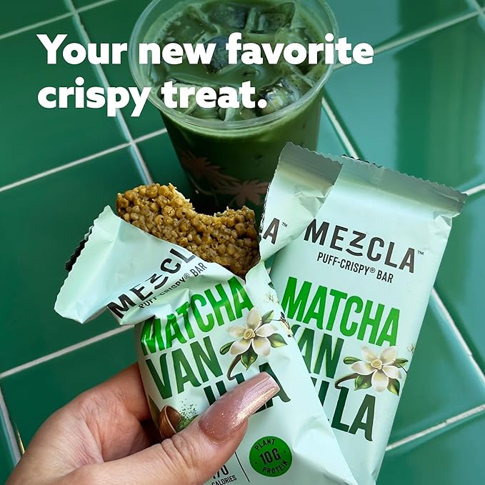 Mezcla Puff-Crispy Plant Based Protein Bars - Matcha Vanilla - Healthy Snacks for Adults &amp Matcha Latte Fans - Best School Travel Office Snacks - Gluten Free Vegan Non GMO 10g Protein - 12 Co