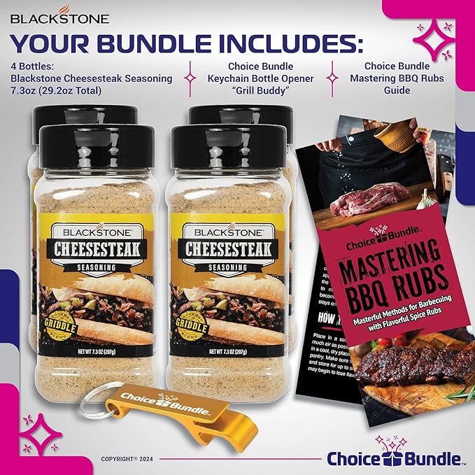 Blackstone Cheesesteak Seasoning – Gourmet Griddle Premium BBQ Barbecue Rub 4 Pk Choice Bundle (29.2 oz) + Guide &amp Opener (6 Items)!
