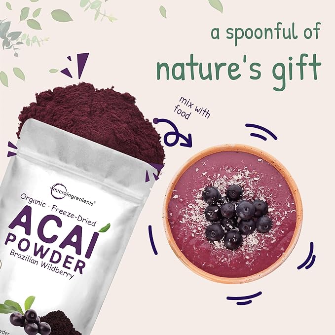 Organic Acai Powder 8oz | 100% Natural Fruit Powder | Freeze-Dried Brazilian Wildberry Source | No Sugar &amp Additives | Great Flavor for Drinks Smoothie &amp Beverages | Non-GMO &amp Vegan Fri