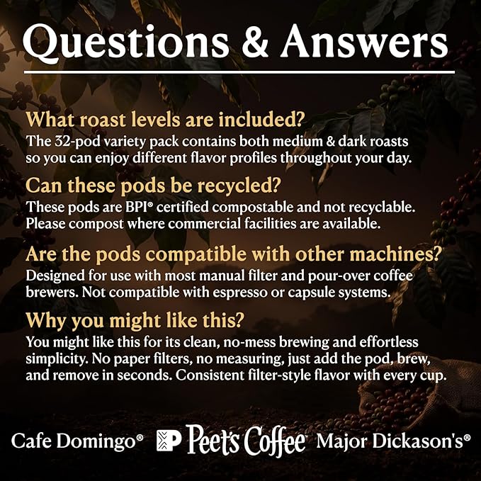 Peet’s Major Dickason’s &amp Domingo Coffee Pods – 32 Count (2 Packs of 16) – Dark Roast &amp Medium Roast Variety Pack with Bold Smooth Flavor – Compatible with Pelecom Coffee Machines – Peet’s Co