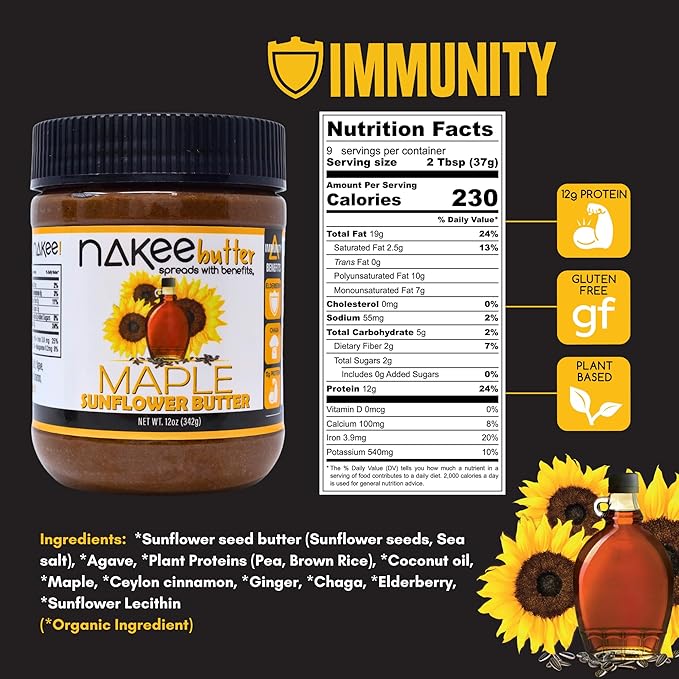 Nakee Butter: Maple Sunflower Vegan Butter High Daily Protein Nut Spread with 12g Protein Immune Boosting Blend with Cinnamon Ginger Elderberry &amp More Low Sugar (12 oz)