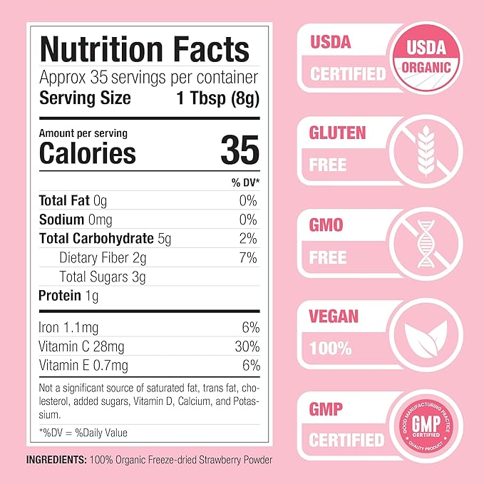 Nature Restore USDA Certified Organic Freeze Dried Strawberry Powder 10 Ounces Non GMO Gluten Free Vegan