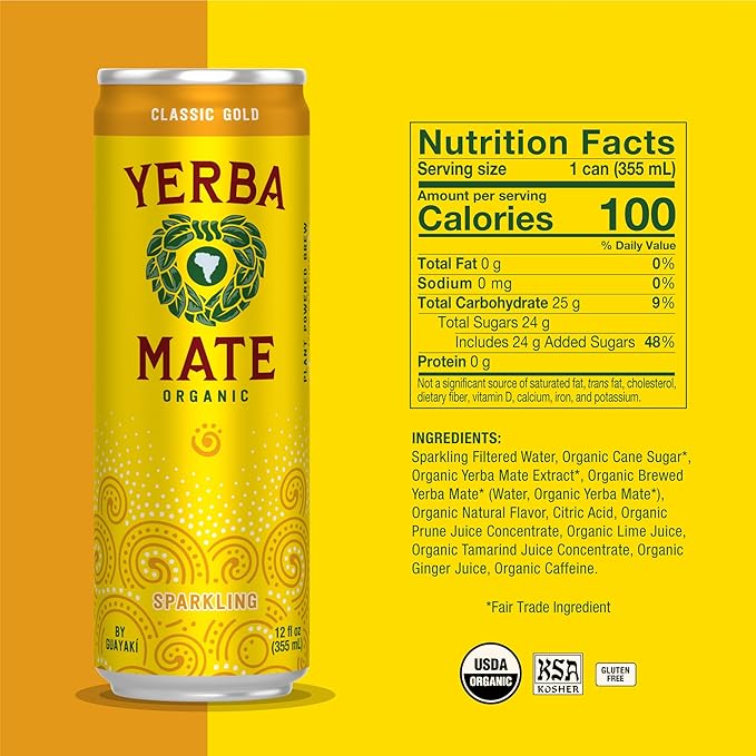 Yerba Madre Organic Organic Sparkling Yerba Mate Classic Gold 80mg Natural Plant Based Caffeine Smooth Energy &amp Focus Carbonated 12 Oz (Pack of 12) (Packaging May Vary)