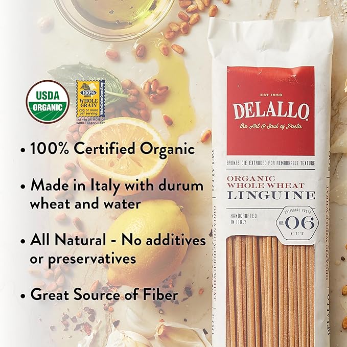 DeLallo Whole Wheat Linguine Pasta 1 Pound Bag (8 Pack) 100% Organic Whole Grain Noodles Made with Whole Durum Wheat Bronze Cut Kosher Vegan Non-GMO