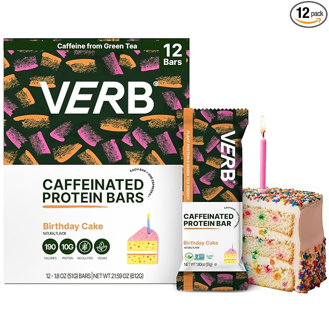 Verb Energy - Caffeinated Protein Bars Birthday Cake 10g Plant Based Protein Bars High Protein - Vegan Snack - Gluten Free Breakfast Snack with Organic Green Tea 51g (Pack of 12)