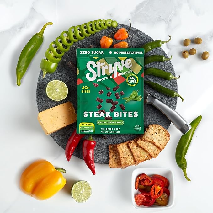 Stryve Protein Snacks - Protein Rich Beef Bites | 28g Protein Sugar Free Carbs Free Gluten Free Dairy Free Keto &amp Paleo Friendly | Hatch Green Chili Pack Of 4