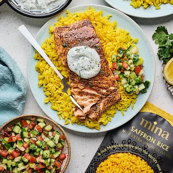 Mina Saffron Rice Yellow Rice With Extra Virgin Olive Oil Ready to Eat Rice Pilaf Side Dishes Microwave Rice Vegan Protein Non-GMO Gluten-Free Kosher 8 oz (Pack of 6)
