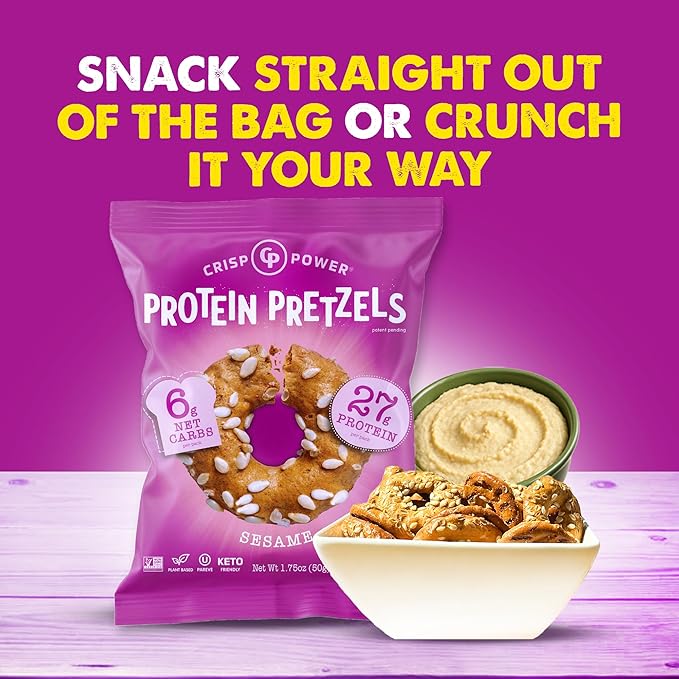 CRISP POWER Protein Pretzels Variety Pack With Sea Salt Sesame &amp Everything Up To 28G Protein High Protein Snack High Fiber Low Carb Crunchy Pretzel Snacks No Added Sugar 1.75 oz Bags 24