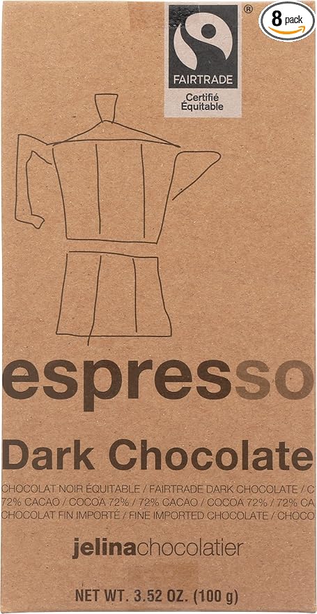 Jelina Chocolatier Espresso Dark Chocolate Fair Trade Kosher 3.52 Ounce (Pack of 8)