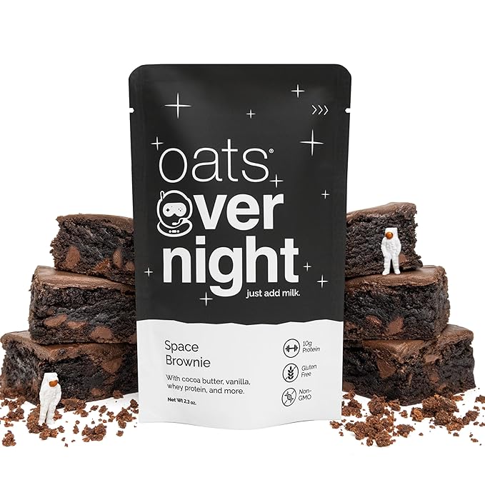 Oats Overnight Space Brownie - Overnight Oats with 10g Whey Protein High Fiber Breakfast Protein Shake - Gluten Free Oatmeal Non GMO High Protein Oatmeal (2.3 oz per Meal) (8 Pack)
