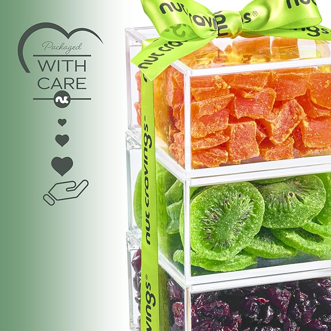 NUT CRAVINGS - Easter Dried Fruits Acrylic Tower Gift Basket with Ribbon (3 Tier Assortment) Ramadan Gifts Food Arrangement Healthy Snack Care Package Kosher