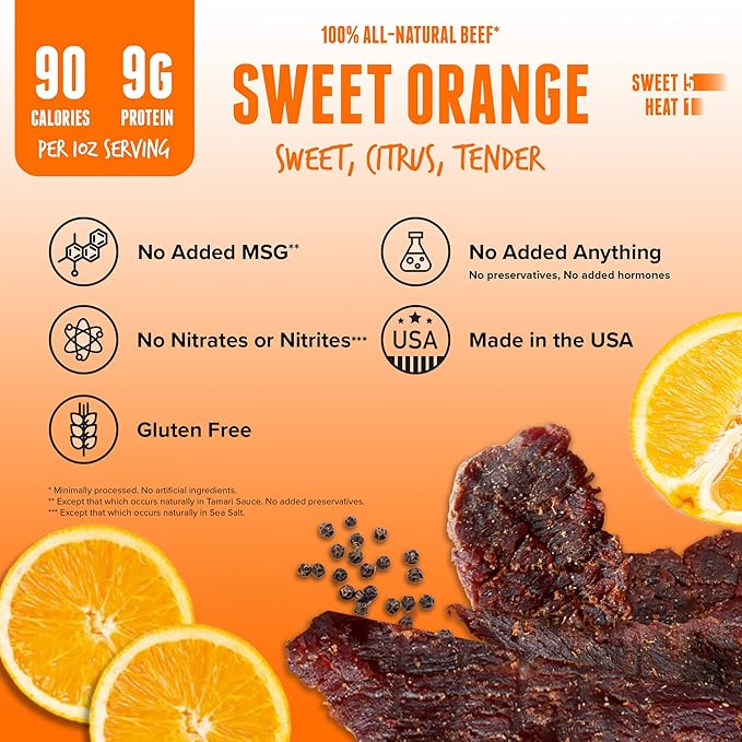 BAJA BEEF Baja Vida Sweet Orange Beef Jerky - Beef Jerky Snack Packs Healthy Jerky Gluten-Free All-Natural Beef No MSG Made in the USA - 2.5 Oz (Pack of 3)