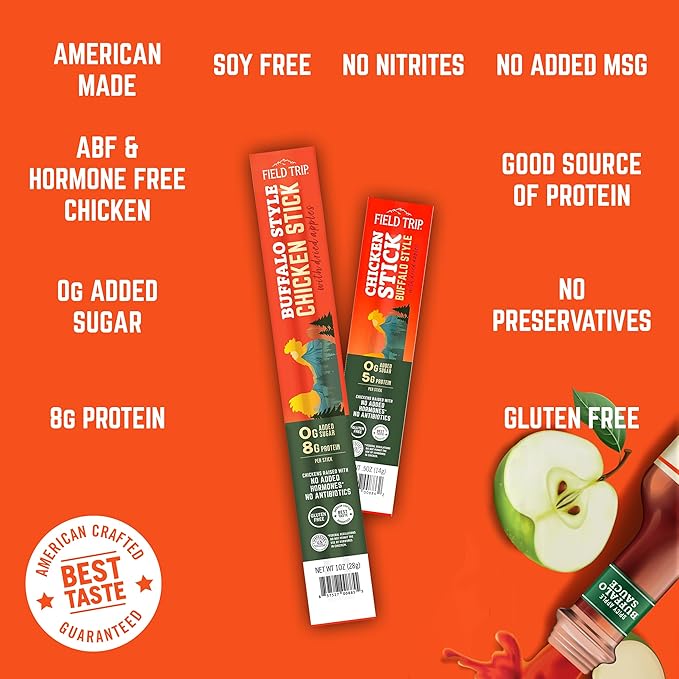Field Trip Hormone Free Spicy Buffalo Chicken Jerky Snack Sticks 0 Sugar Keto Paleo Gluten Free Allergy Friendly Snack High Protein 50 Calorie Snack 1oz 24 Pack