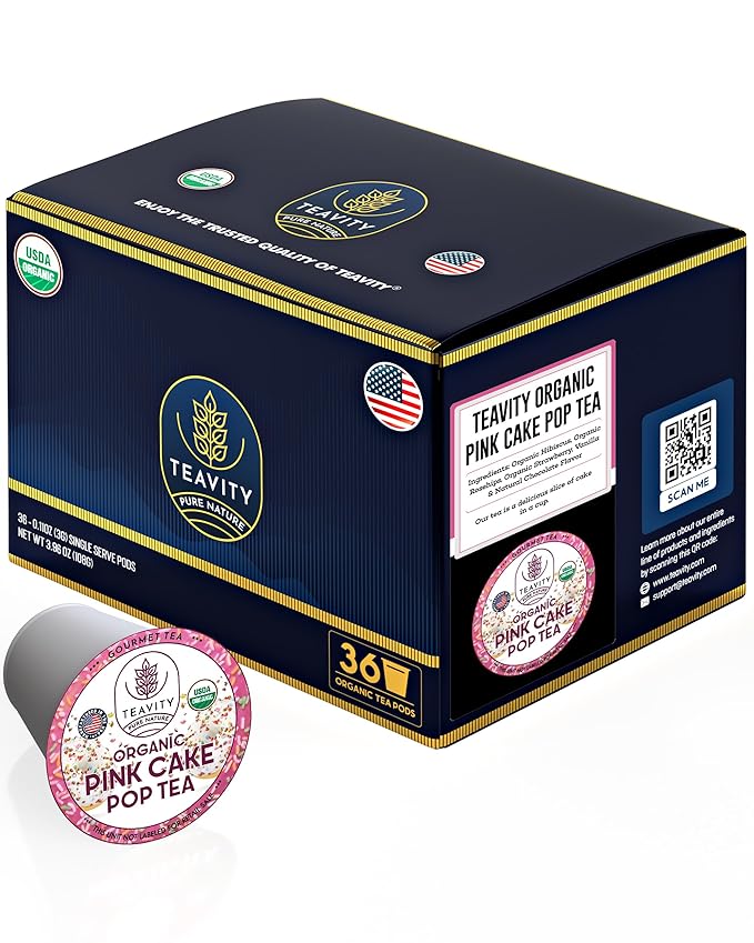 Organic Hibiscus Rosehips Strawberry and Vanilla Herbal Tea Pod for Keurig - Organic Pink Cake Pop Tea Pods by Teavity (36 Tea Pods)