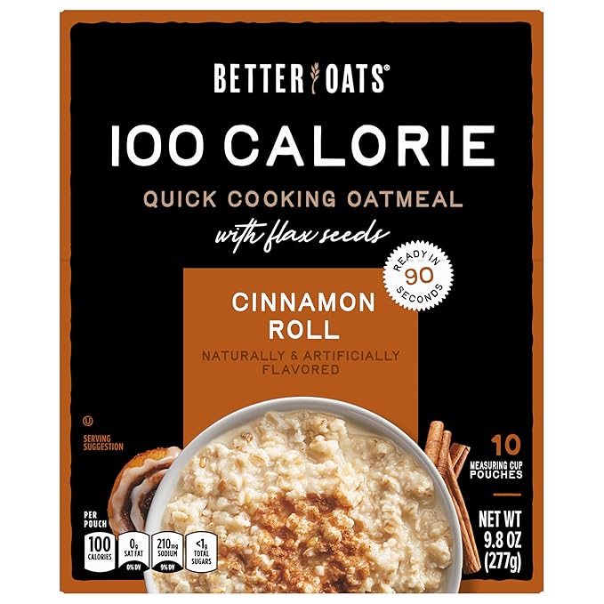 Better Oats 100 Calorie Cinnamon Roll Oatmeal Packets Flax Seeds and Whole Grains Instant Breakfast Cooks in 90 Seconds Box of 10 Pouches (Pack of 6)