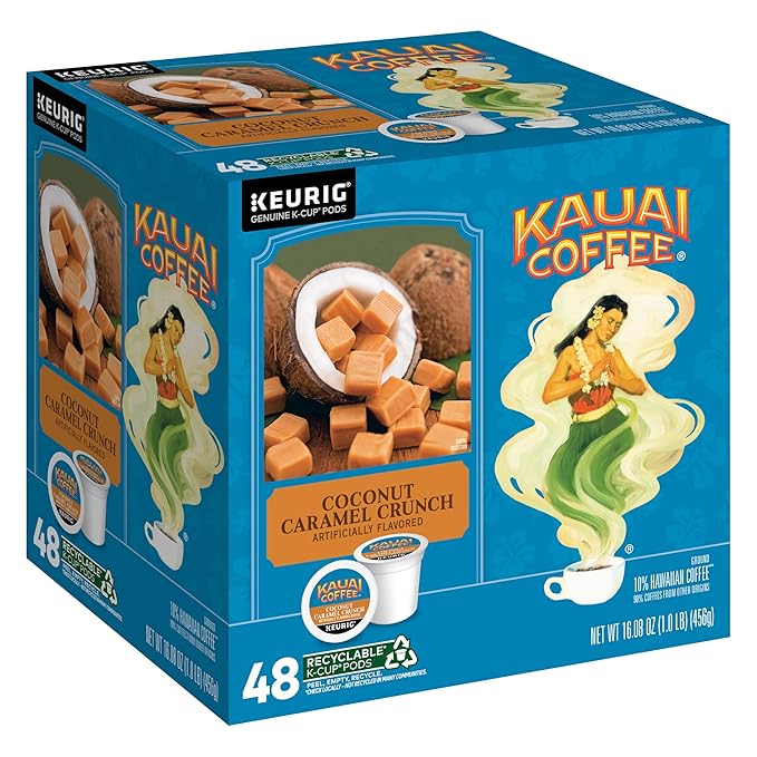 Kauai Coffee K-Cup Pods for Keurig Brewers – Arabica Coffee 10% Hawaiian – Medium Roast Nutty Caramel with Tropical Coconut – Coconut Caramel Crunch 1 Pack of 48 Single Serve K-Cups