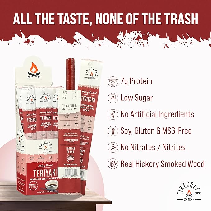 FireCreek Snacks Beef Sticks (Jerky Sticks) Hickory Smoked Beef &amp Pork Meat Sticks 20 Pack (1 oz) 7g Protein Gluten Free Soy Free No MSG Teriyaki
