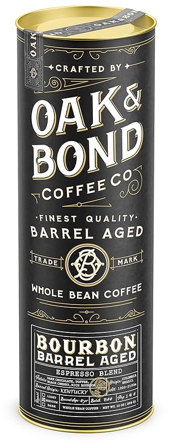 Espresso Bourbon Barrel Aged Coffee Colombia &amp Brazil Blend Whole Bean Arabica Dark Roast w/ Chocolate Black Cherry Toffee Rich Kentucky Bourbon &amp Oak Flavors by Oak &amp Bond Coffee Co