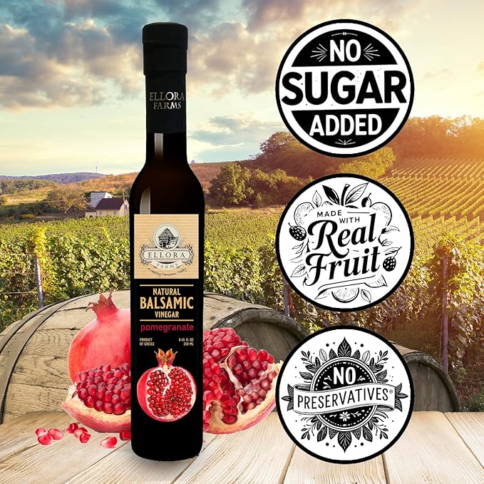 Ellora Farms Pomegranate Infused Thick Aged Balsamic Vinegar No-Added Sugar No-Preservatives Real Fruit Glass Bottle 8.45 oz.