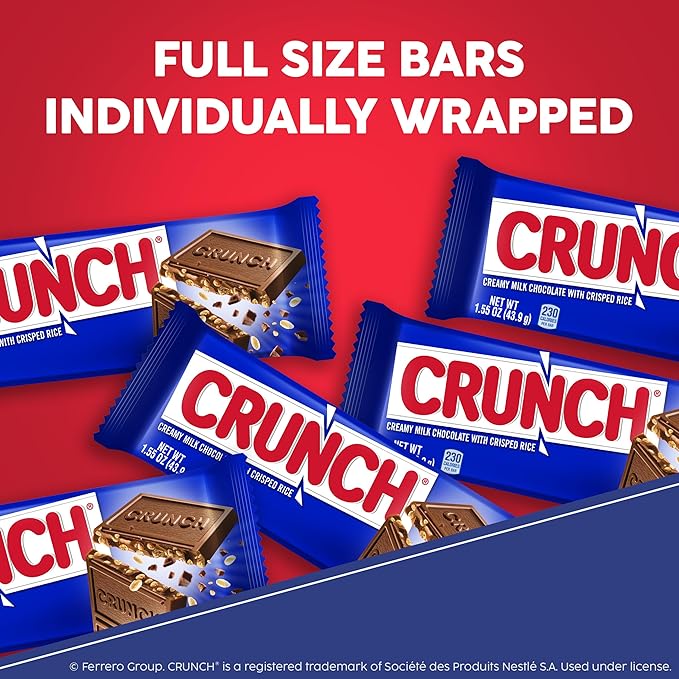 CRUNCH Full-Size Candy Bar Creamy Milk Chocolate with Crunchy Crisped Rice 36 Individually Wrapped Bars 1.55 oz Each