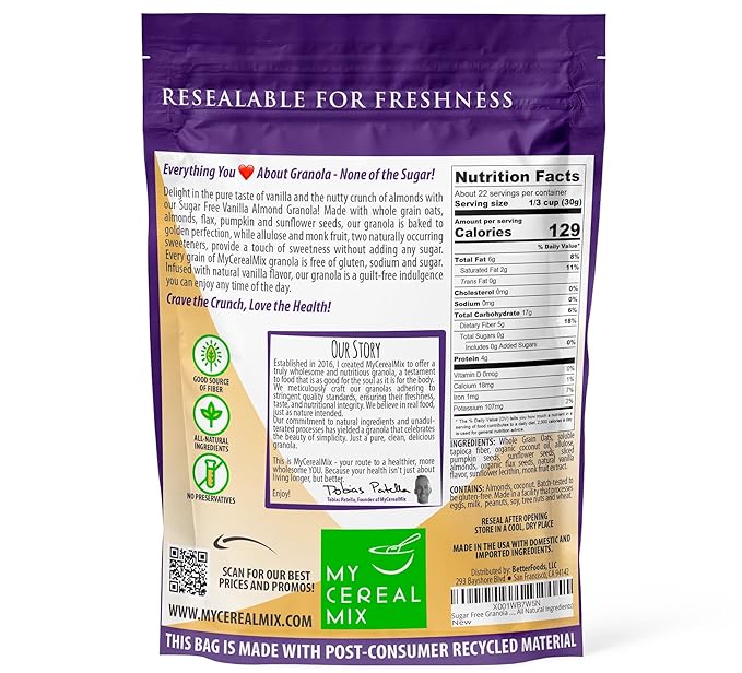 MyCerealMix Sugar Free Granola Vanilla Almond 4-Pack Family Size 96oz – Keto Diabetic Breakfast Cereal Bulk Plant Based High Fiber Gluten Free No Erythritol Healthy Snack Value Meal Prep