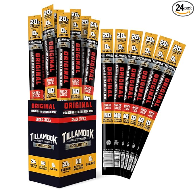 Tillamook Country Smoker PRO Edition Meat Sticks Zero Sugar Original 2 Oz (24 Sticks) Real Hardwood Smoked Sausages Angus Beef and Pork High Protein Individually Wrapped Keto Snack for Athletes