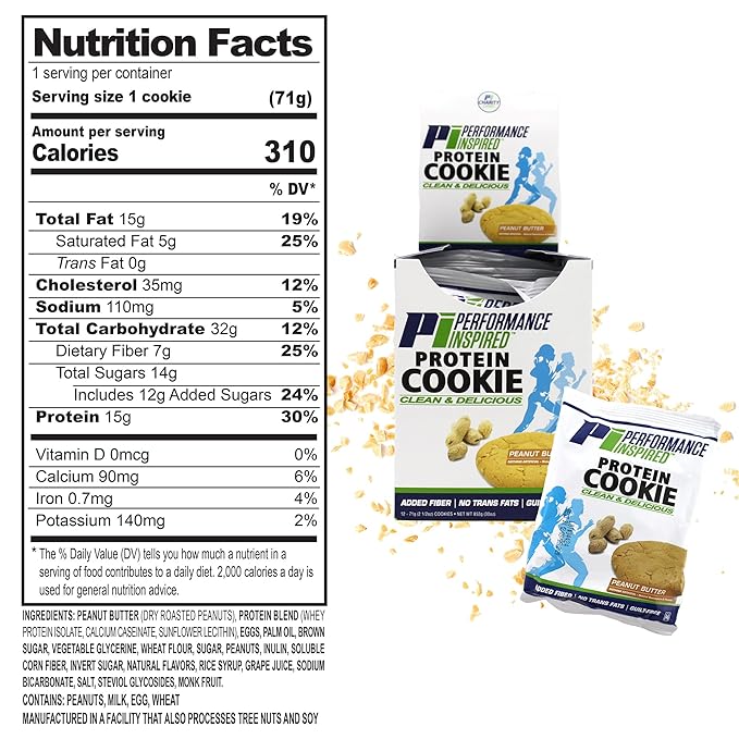 Performance Inspired Nutrition Protein Cookie - Contains: 15G Isolate Protein - 7G Of Fiber - All Natural - Guilt Free - No Artificial Ingredients - Peanut Butter Flavor - 12 Count