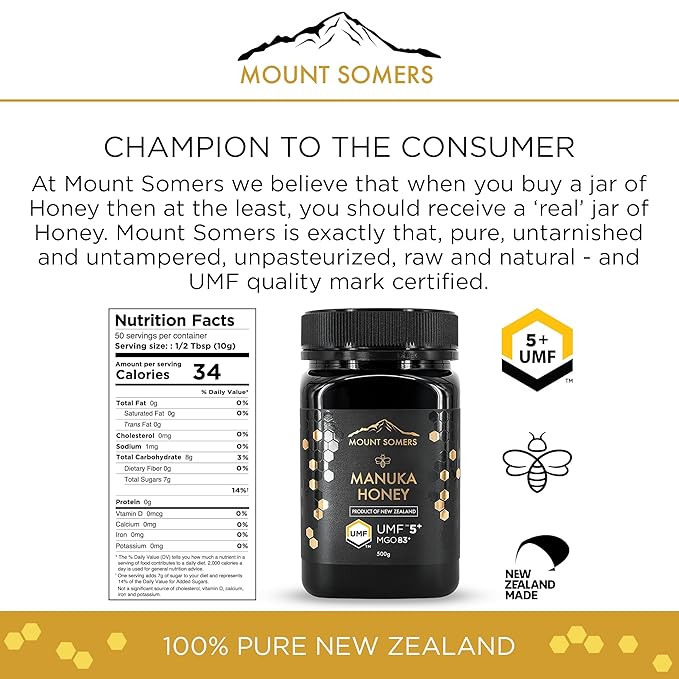 Mount Somers 100% Pure Premium Raw Manuka Honey - UMF 5+ / MGO 83+ 17.6oz (500g) Jar Non GMO New Zealand Manuka Honey Genuine Natural Superfood Great Taste UMF Certified