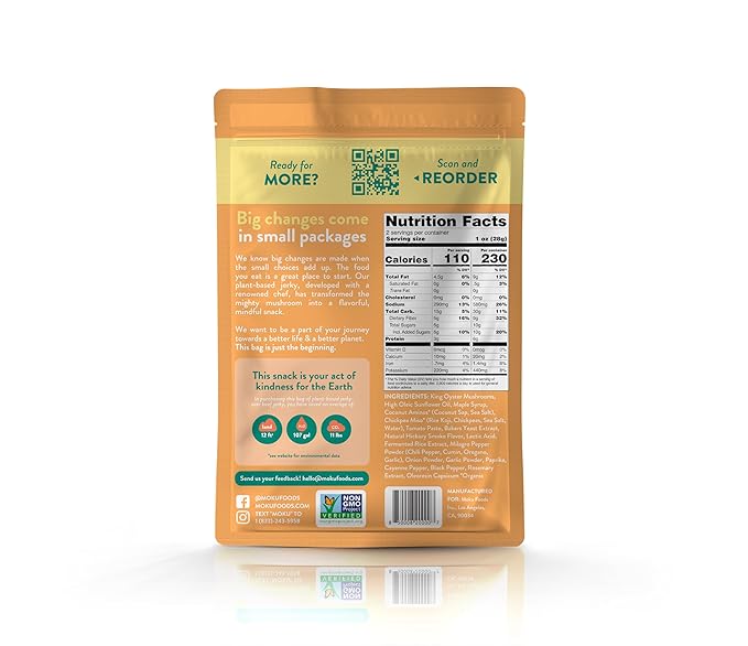Moku Plant-Based Mushroom Jerky Vegan Gluten Free Soy-Free Non-Gmo No Artificial Sweetener Healthy Snacks 2.0 Oz Ea (8 Count Variety)