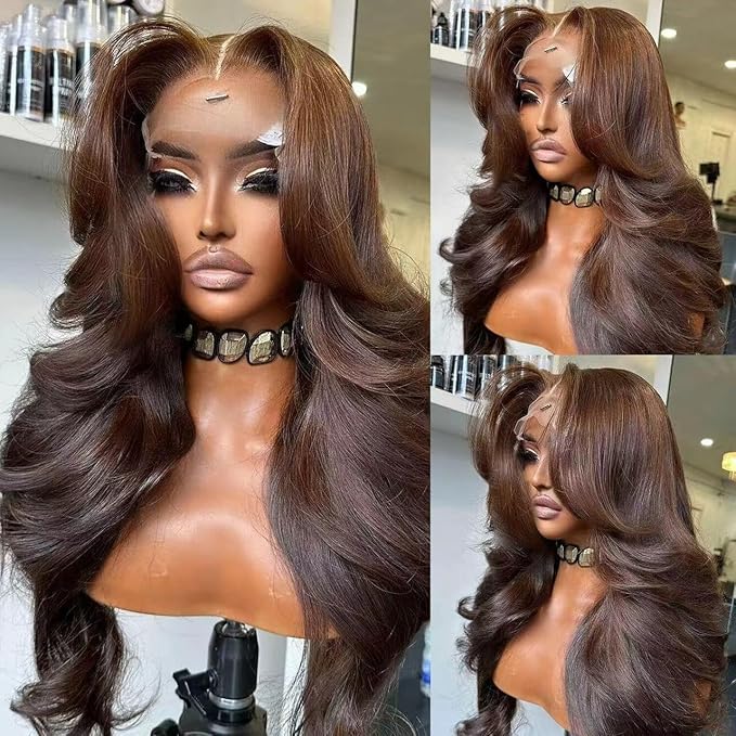 Chocolate Brown Human Hair Wig 200 Density 13X4 Body Wave Lace Front Wigs Human Hair HD Frontal Wigs Pre Plucked Glueless Brown Lace Front Wig for Women 18 Inch