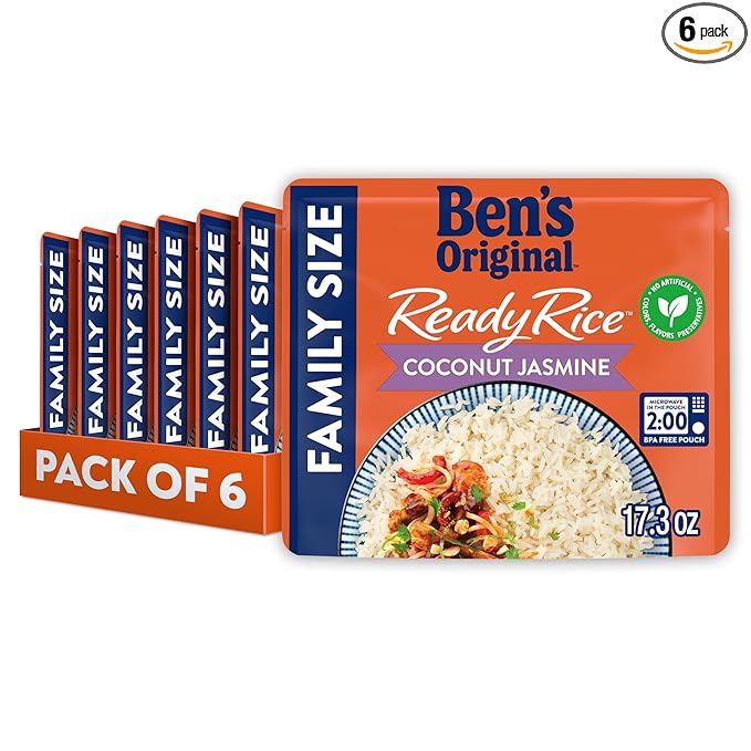 BEN'S ORIGINAL READY RICE Coconut Jasmine Family Size Rice Easy Dinner Side 17.3 oz Pouch (Pack of 6)