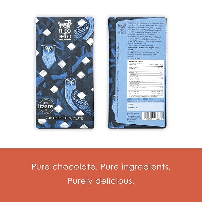 Theo &amp Philo 70% Dark Chocolate 5 Pack - Filipino Chocolate - Bean-to-Bar Direct Sourced Made at Origin Single Origin Woman Owned BIPOC Owned Award Winning - Vegan - Bundle