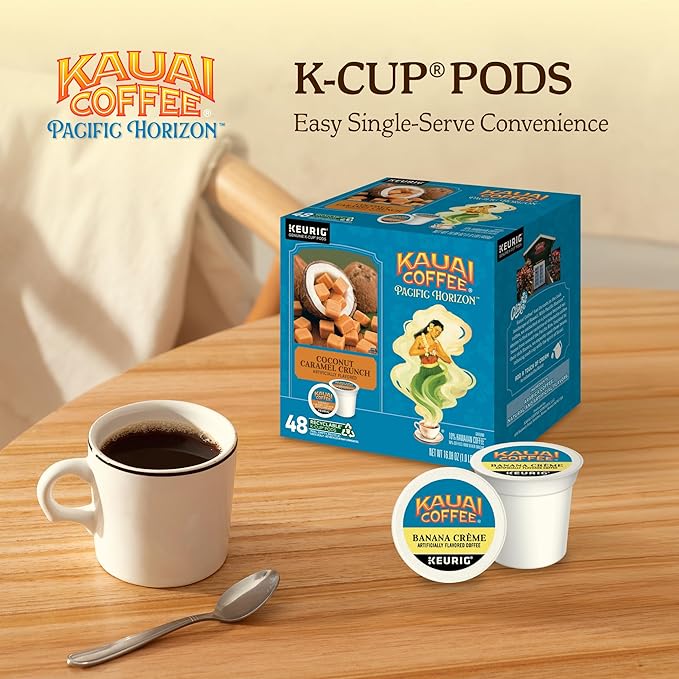 Kauai Coffee K-Cup Pods for Keurig Brewers – Arabica Coffee 10% Hawaiian – Medium Roast Nutty Caramel with Tropical Coconut – Coconut Caramel Crunch 1 Pack of 48 Single Serve K-Cups