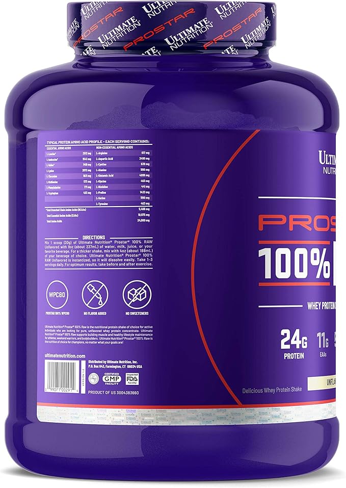Ultimate Nutrition Prostar Raw Whey Protein Concentrate Powder Low Carb Low Fat Keto Friendly 24 Grams of Protein Per Serving with 5.5 Grams of BCAAsUnflavored 67 Servings 4.4 Pounds