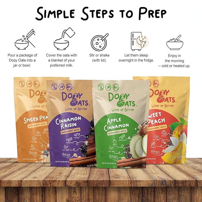 Dozy Oats Overnight Oatmeal Packets Vegan/No Added Sugar Variety Box with Rolled Oats Chia Seeds Date Powder and Dried Fruit. Gluten-Free Natural Source of Protein and Fiber 12-Pack