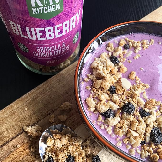 Kin Kitchen non-GMO Granola &amp Organic Quinoa Crisps in a Glass Jar Recyclable and Resusable. Made with Real Fruit. No Aritificial Colors Flavors or Perservatives. Made in USA with Globally Sour
