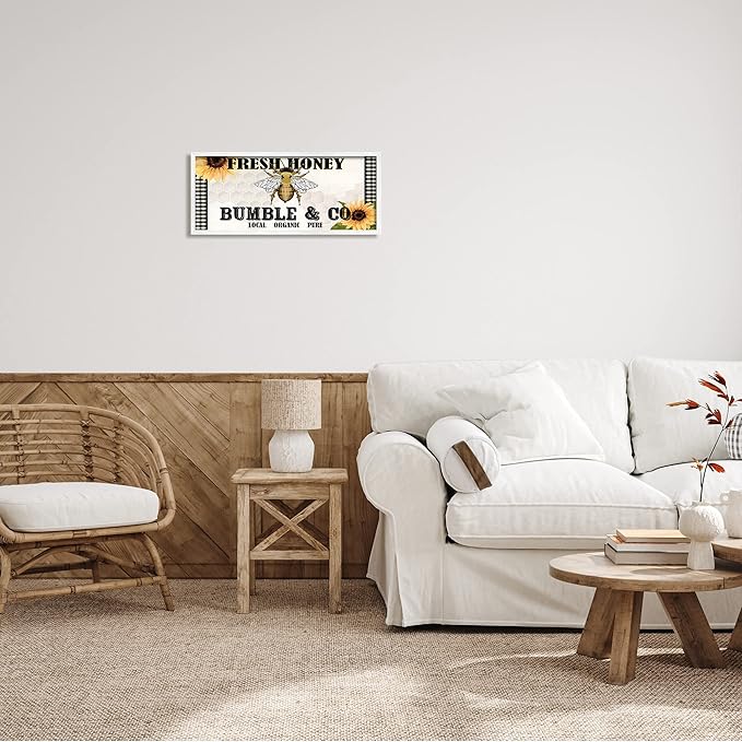 Stupell Industries Fresh Honey Bumble &amp Co. Advertisement Sunflowers Bee White Framed Wall Art 24 x 10 Yellow