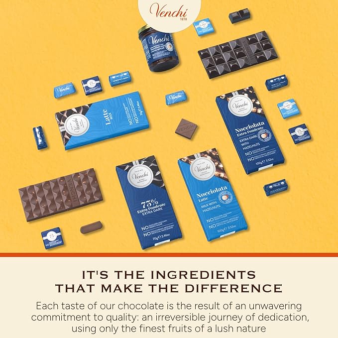 Venchi - Set of 6 Extra Dark Hazelnut Bars 21.16 oz - NO Added Sugar - NO Artificial Sweeteners - Gluten Free - Vegan - Great Gift Idea