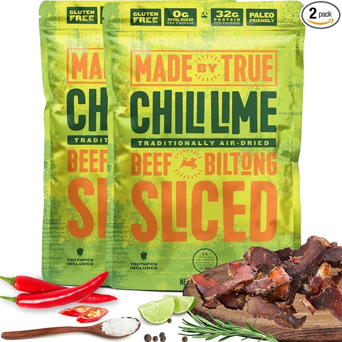 Made by True Chili Lime Beef Sliced Bites (2 Ounce Pack of 2) - All Natural Zero-Sugar True Jerky Biltong Chili Bites - High Protein Keto Paleo &amp Whole30 Diet - Sugar-Free Gluten-Free Carb-F