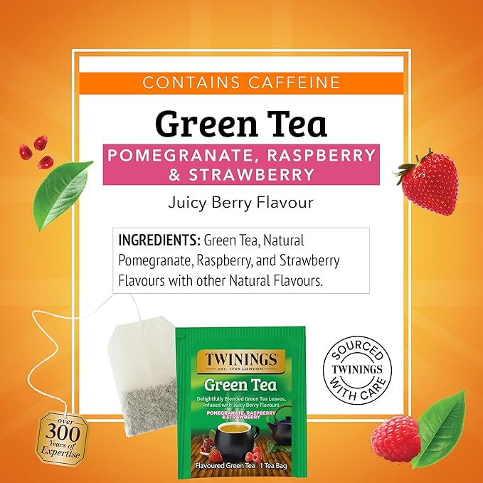 Twinings Green Tea with Pomegranate Raspberry &amp Strawberry Individually Wrapped Bags 100 Count (Pack of 1) Caffeinated Enjoy Hot or Iced 100 Teabags