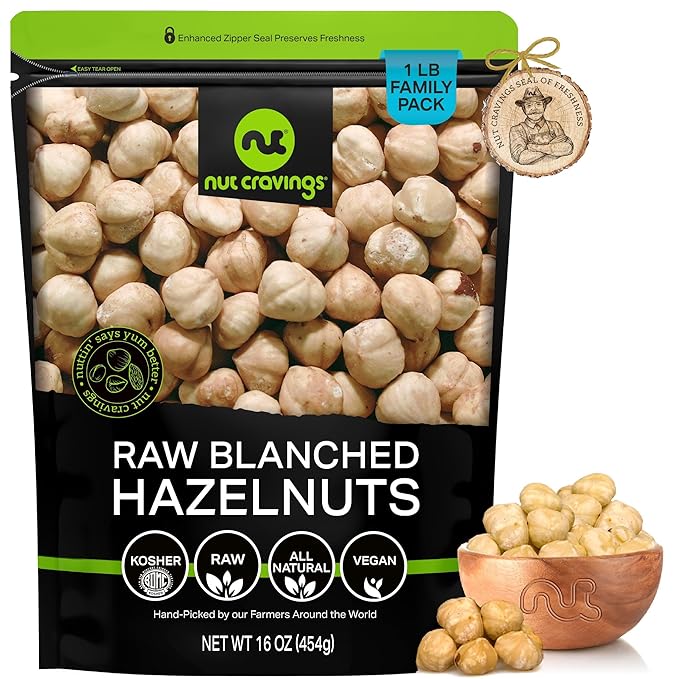 NUT CRAVINGS - Raw Blanched Hazelnuts Filberts - Unsalted Shelled (16oz - 1 LB) Packed Fresh in Resealable Bag - Kosher Healthy Snack Food Assortments Ideal for Trail Mixed Nuts