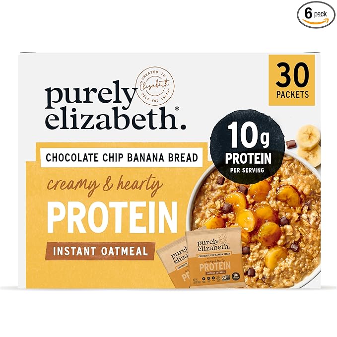 Purely Elizabeth Creamy &amp Hearty Protein Instant Oatmeal Chocolate Chip Banana Bread Vegan Friendly Organic Gluten Free &amp Non-GMO 5 Count 8.3 Ounce (Pack of 6)