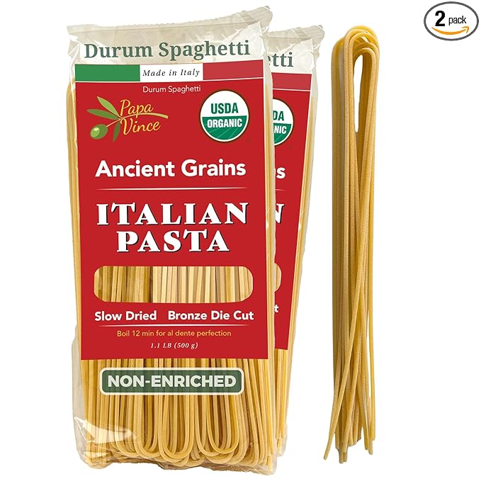 Papa Vince Organic Whole Wheat Spaghetti Noodles – Made in Italy Non-Enriched No Folic Acid – Organic Ancient Grain Pasta Non-GMO Artisan Bronze Die Cut Slow Dried for Perfect Texture