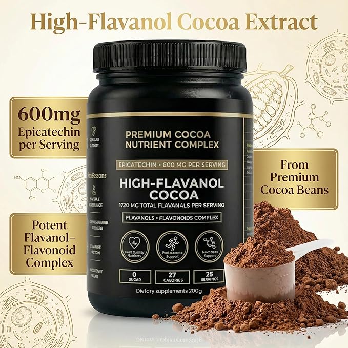 High Flavanol Cocoa Powder – 1200mg Flavanols &amp Flavonoids per Serving – 10X Concentrated Cocoa Extract with 600mg Epicatechin – Premium Dark Cocoa Nutrition for Daily Use