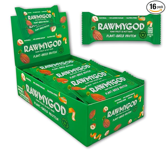 RAWMYGOD Fruit and Nut Bars Good Source of Protein (4.8g 12% protein content) Gluten Free Vegan No Added Sugar (16 bars Fruit &amp Nuts)